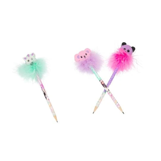 Three TOPModel WILD pencils arranged diagonally with mint, lilac and pink feathered animal eraser toppers