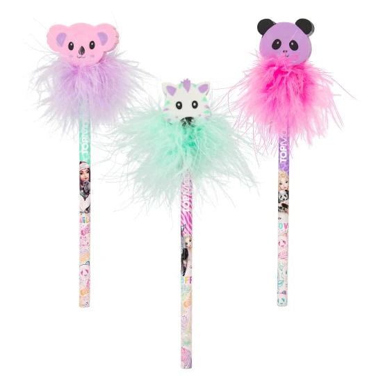 Three TOPModel WILD pencils standing upright with lilac, mint and pink feathered animal eraser toppers