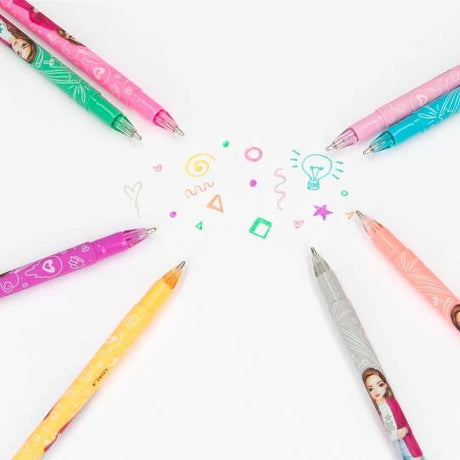 TOPModel glitter gel pens arranged around small colourful doodles