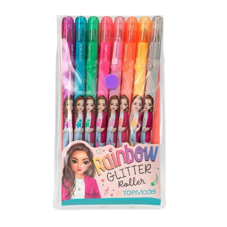 TOPModel Rainbow Glitter Gel Pen Set with eight pens in a transparent pouch