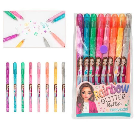 TOPModel Rainbow Glitter Gel Pen Set showing transparent pouch, pen lineup and doodle drawing view