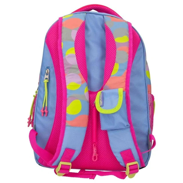 TOPModel Schoolbackpack FLASH back view showing pink shoulder straps and small blue pocket 