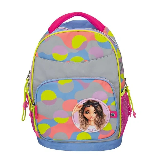 TOPModel Schoolbackpack FLASH front view with multicolour pattern, front zip pocket and character graphic