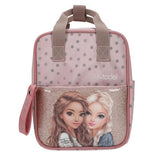 TOPModel Small Backpack DOTS front view with two girls artwork and grey dot pattern