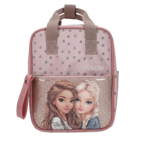 TOPModel Small Backpack DOTS front view with two girls artwork and grey dot pattern