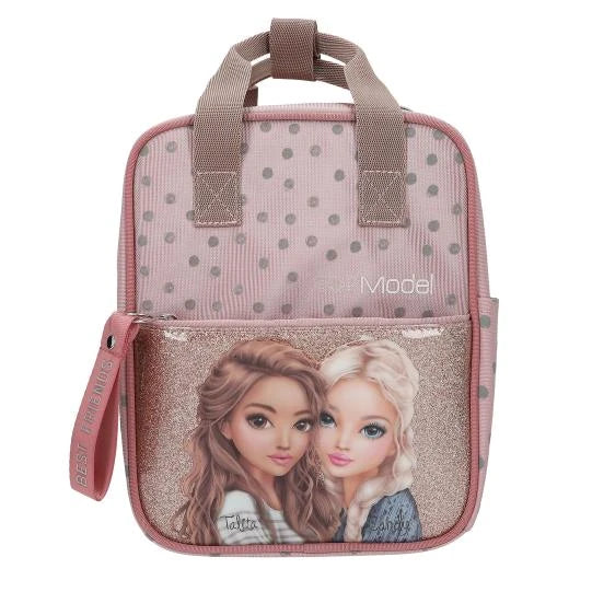 TOPModel Small Backpack DOTS front view with two girls artwork and grey dot pattern