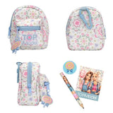 Floral TOPModel stationery backpack with blue zips shown from front, back and side beside matching stationery