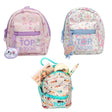 Three TOPModel stationery backpacks in pink, floral and turquoise zip designs, with one shown open holding stationery