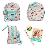 TOPModel stationery backpack with turquoise zips shown from front, back and side beside matching stationery
