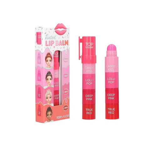 TOPModel Tinted Lip Balm CANDY GLAM with retail box, closed balm and open balm showing four stacked shades