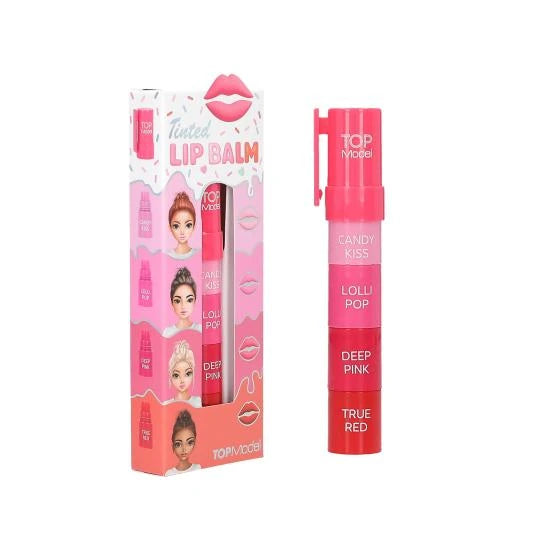 TOPModel Tinted Lip Balm CANDY GLAM retail box beside closed four layer balm stick