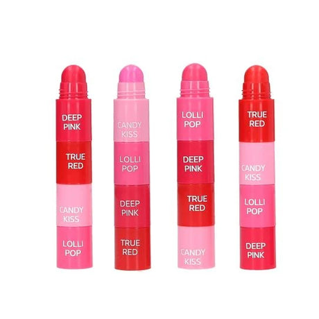 TOPModel Tinted Lip Balm CANDY GLAM showing four open balm arrangements in pink and red shades