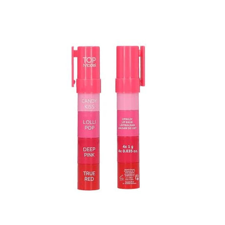 TOPModel Tinted Lip Balm CANDY GLAM front and back view of the closed four layer balm stick