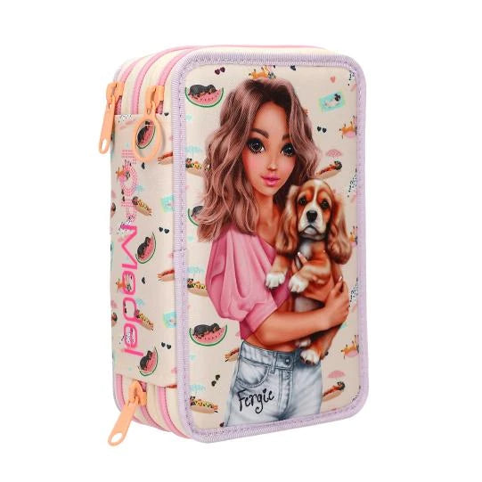 Angled TOPModel SUNNY DOG pencil case showing the illustrated front panel, patterned side and three peach zip pulls.