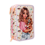 Angled TOPModel SUNNY DOG pencil case showing the illustrated front panel, patterned side and three peach zip pulls.