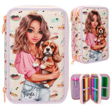 TOPModel SUNNY DOG triple pencil case shown from the front, at an angle and open with coloured pencils and felt tip pens.