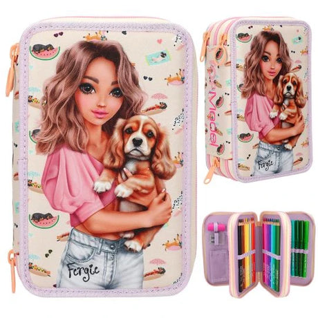 TOPModel SUNNY DOG triple pencil case shown from the front, at an angle and open with coloured pencils and felt tip pens.