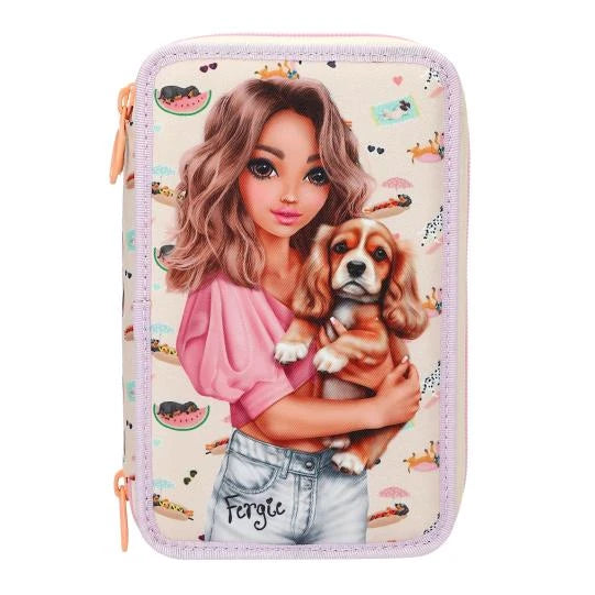 Front of the TOPModel SUNNY DOG pencil case with an illustrated girl holding a dog against a small dog print background.