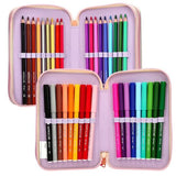 Open TOPModel SUNNY DOG pencil case showing coloured pencils and felt tip pens arranged in two sections.
