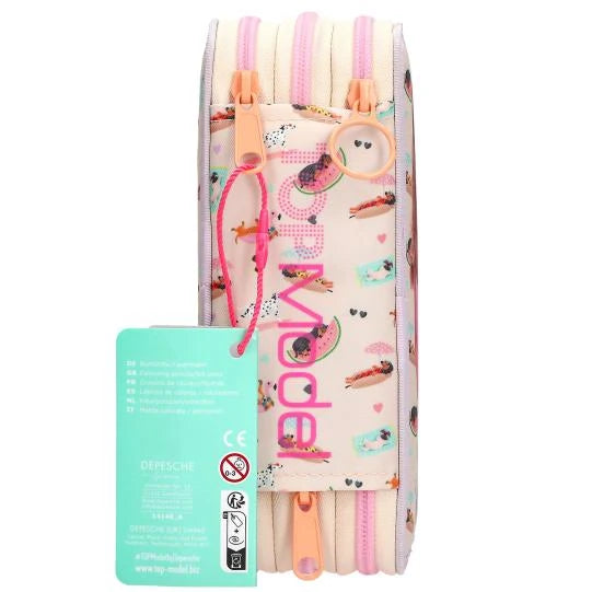 Side of the TOPModel SUNNY DOG pencil case showing three zipped sections, printed fabric and an attached product tag.
