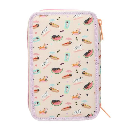 Back of the TOPModel SUNNY DOG pencil case with small dog illustrations and pale pink edging.