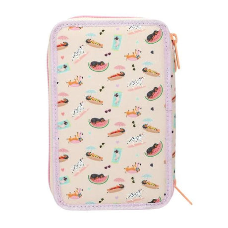 Back of the TOPModel SUNNY DOG pencil case with small dog illustrations and pale pink edging.