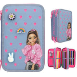 TOPModel Triple Pencil Case With Silicone Pins open view showing pencils, felt tip pens, sharpener and accessories