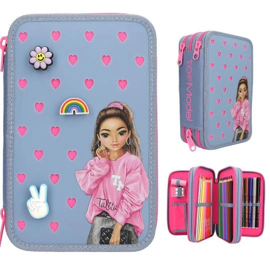 TOPModel Triple Pencil Case With Silicone Pins open view showing pencils, felt tip pens, sharpener and accessories