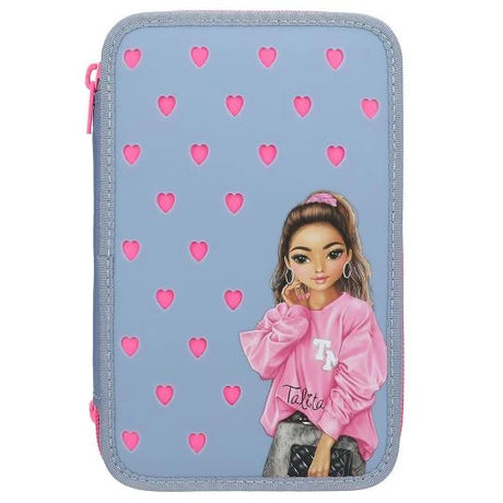 TOPModel Triple Pencil Case With Silicone Pins front view with blue cover, pink hearts and Talita artwork