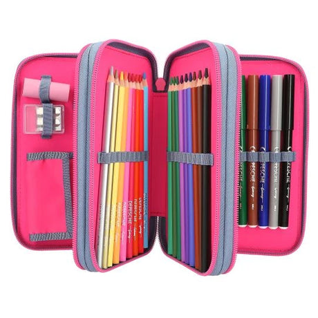 TOPModel Triple Pencil Case With Silicone Pins open view showing pencils, felt tip pens, sharpener and accessories