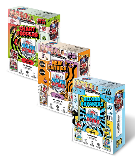 Topps Match Attax UCC 2026/27 Mega Tin assortment showing Chart Toppers, New Entries and Record Breakers tin designs
