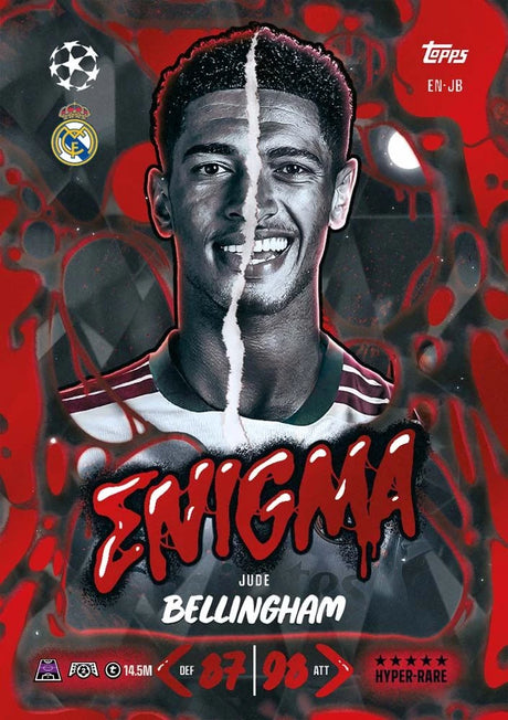 Topps Match Attax 2026/27 Jude Bellingham Enigma Hyper Rare card example with Real Madrid design