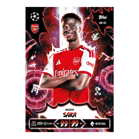 Topps Match Attax Bukayo Saka Arsenal Mystical card with red and black design