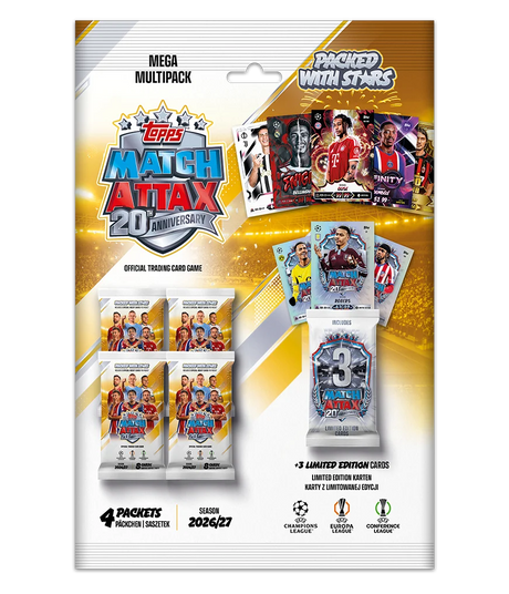 Topps Match Attax UCC Mega Multipack packaging showing four card packets and three exclusive Limited Edition cards