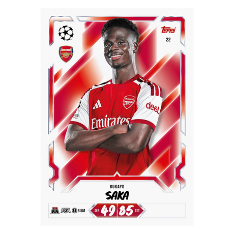 Topps Match Attax Bukayo Saka Arsenal base card in red and white kit