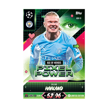 Topps Match Attax Erling Haaland Age of Heroes Pixel Power Limited Edition card with green digital design