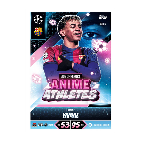 Topps Match Attax Lamine Yamal Age of Heroes Anime Athletes Limited Edition card with blue and pink design