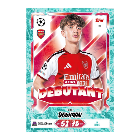Topps Match Attax Max Dowman Arsenal Attax Debutant card with red and white design