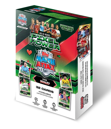Topps Match Attax UCC Booster Tin Pixel Power packaging showing the green tin design, booster packs and card artwork
