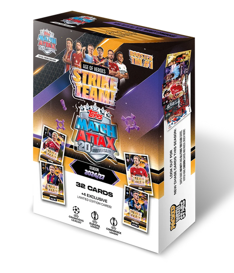 Topps Match Attax UCC Booster Tin Strike Team packaging showing the tin design, booster packs and card artwork