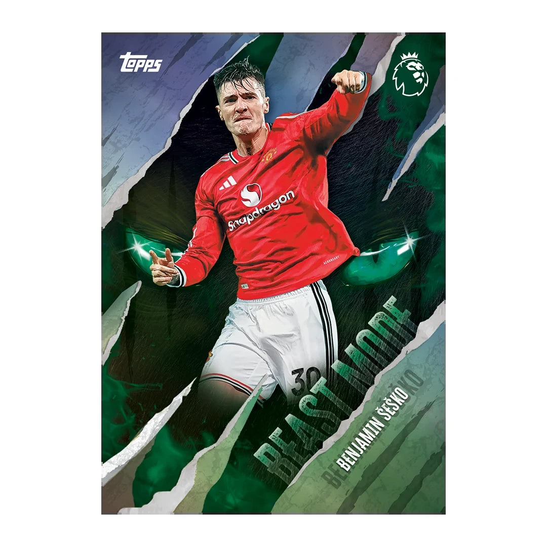 Benjamin Sesko Beast Mode Premier League card in Manchester United red kit with dark green graphics