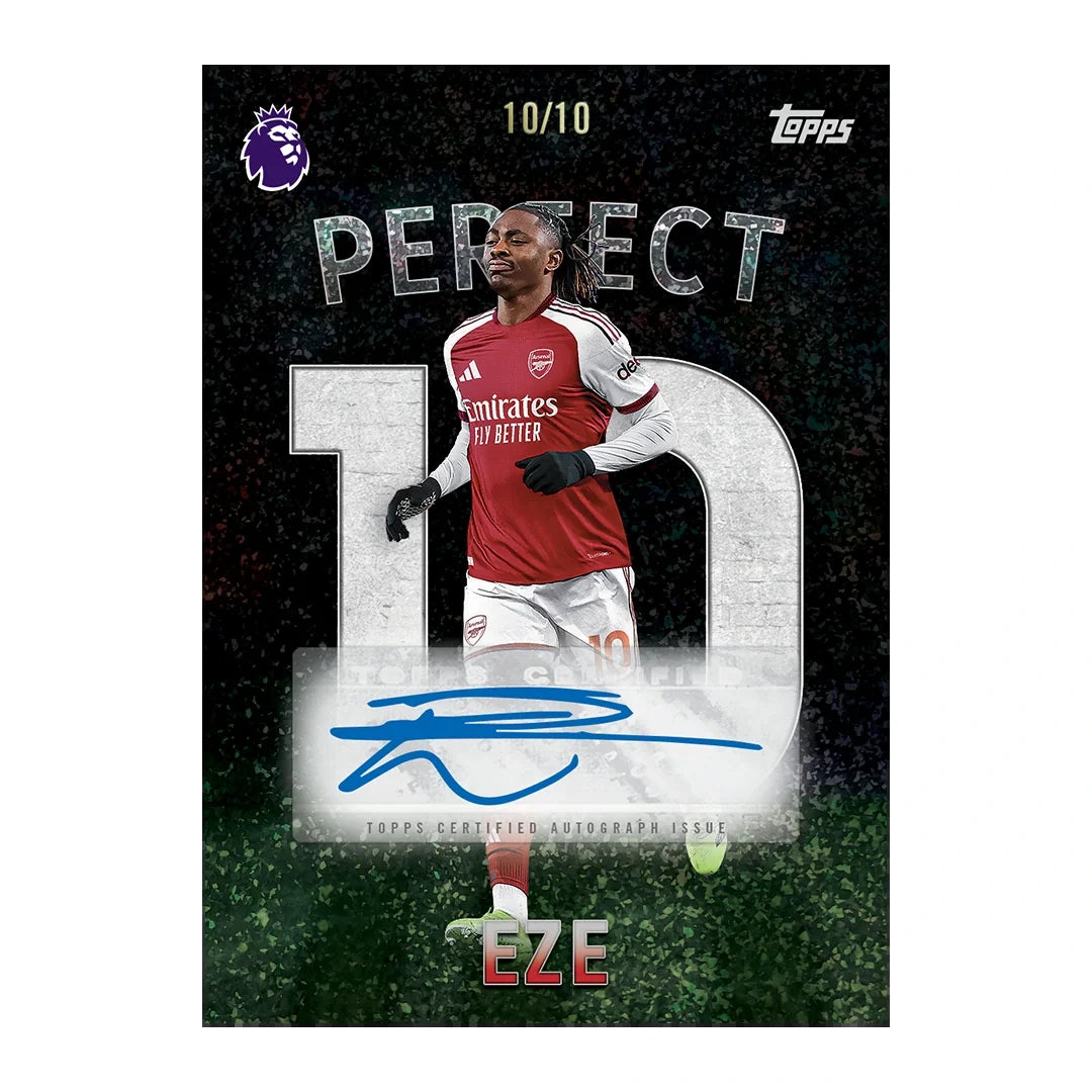 Topps Premier League Eze Perfect 10 autograph card with black background, large silver 10 and blue signature