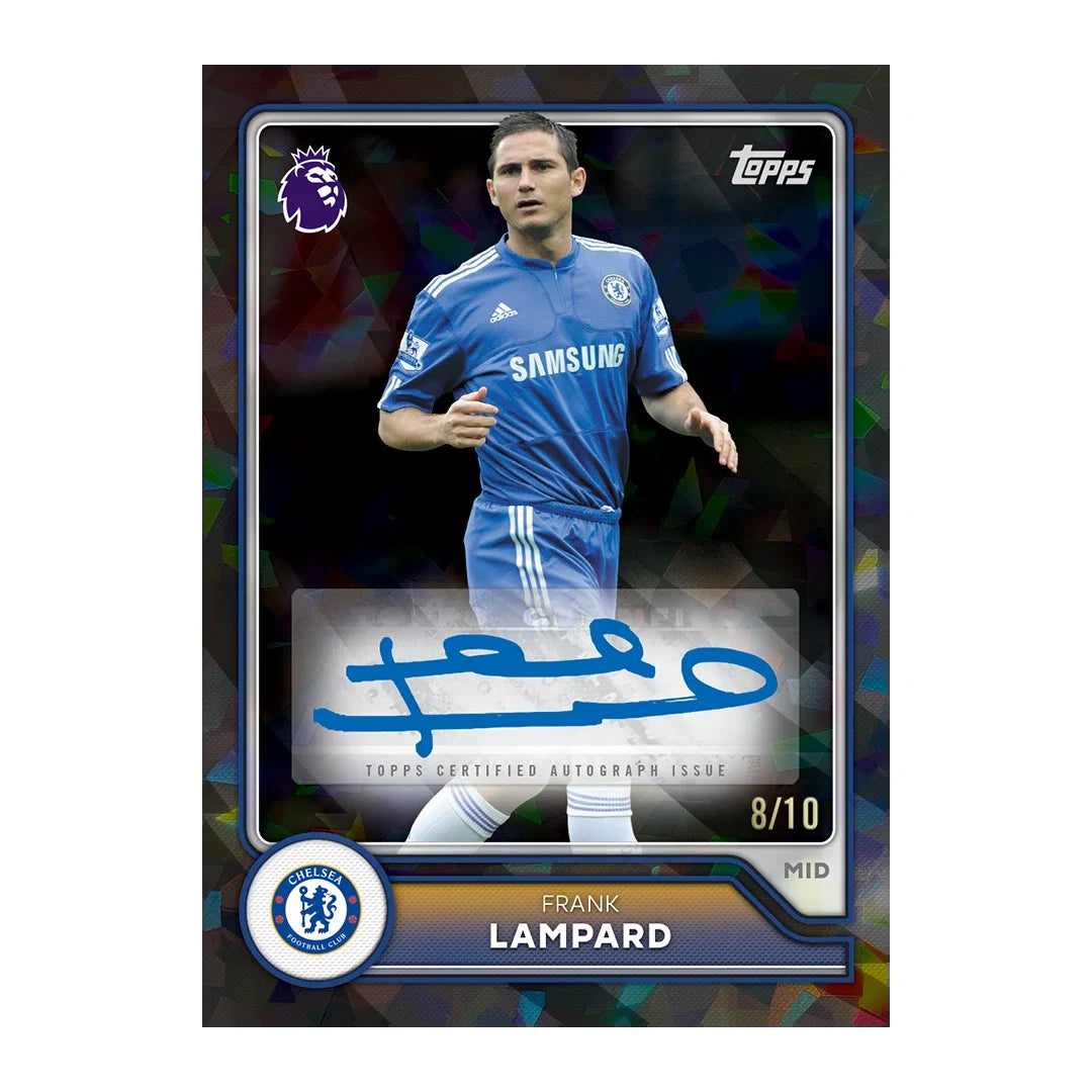Topps Premier League Frank Lampard Chelsea autograph card with blue signature and numbered 8 of 10 marking