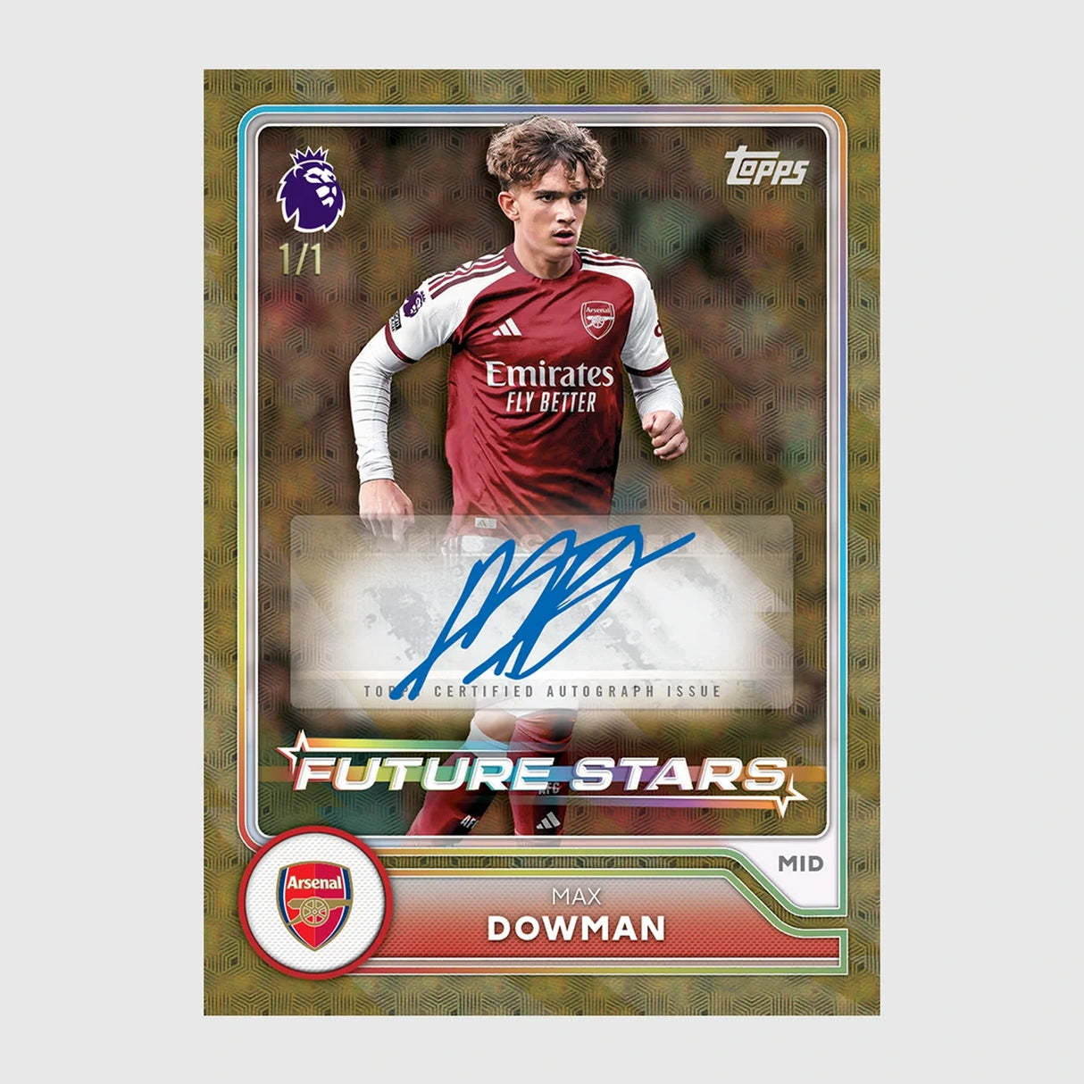 Dowman Future Stars Arsenal trading card with autograph panel and gold bordered design