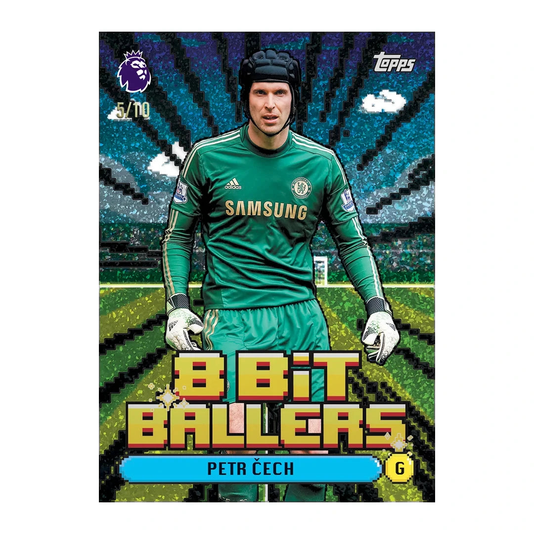 Petr Cech 8 Bit Ballers Chelsea card in green goalkeeper kit with pixel football graphics