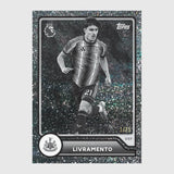 Tino Livramento Newcastle United trading card with black and white image and numbered 1 of 25 design
