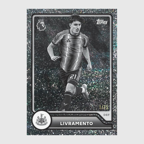Tino Livramento Newcastle United trading card with black and white image and numbered 1 of 25 design