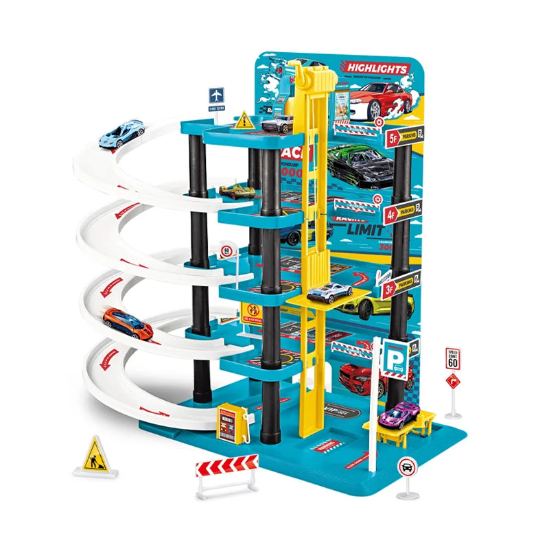 Multi level parking tower with spiral track, cars, elevator lift, and traffic signs for kids