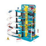 Multi level parking tower with spiral track, cars, elevator lift, and traffic signs for kids