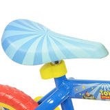 Close up of the blue patterned saddle on the Toy Story training bike